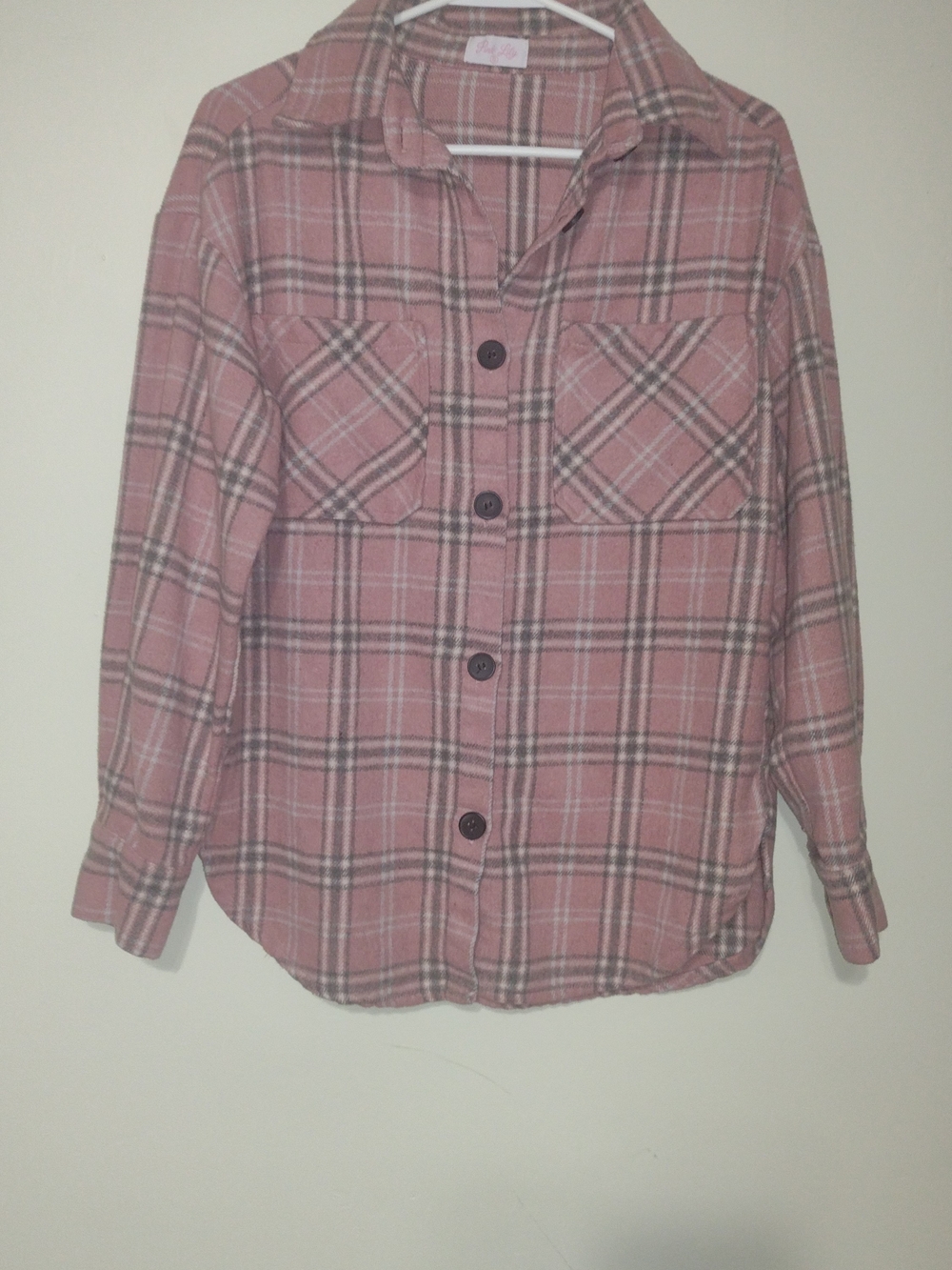Pink Lily Plaid Flannel Shirt Jacket Pink And Gray 100% Cotton